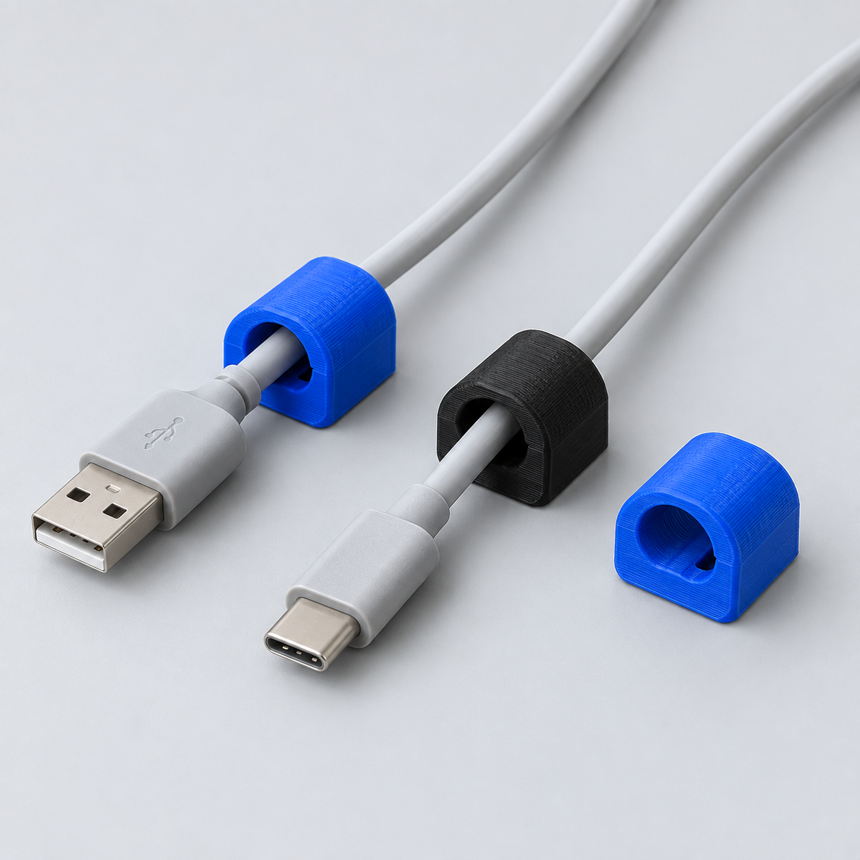 Illustrative blue and black 3D printed cable clips
