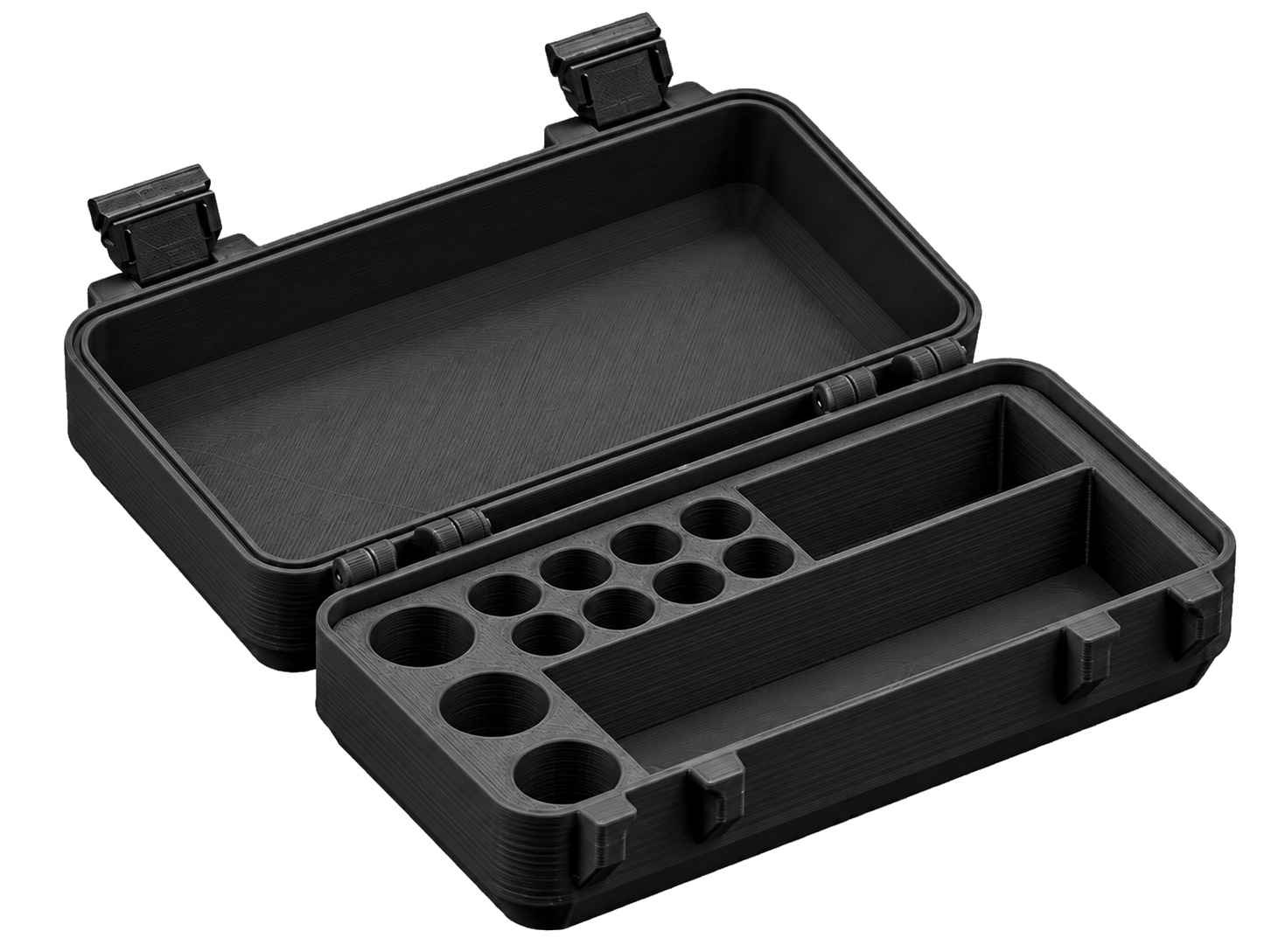 Open black mixed vial and supply case, showing separate storage compartments