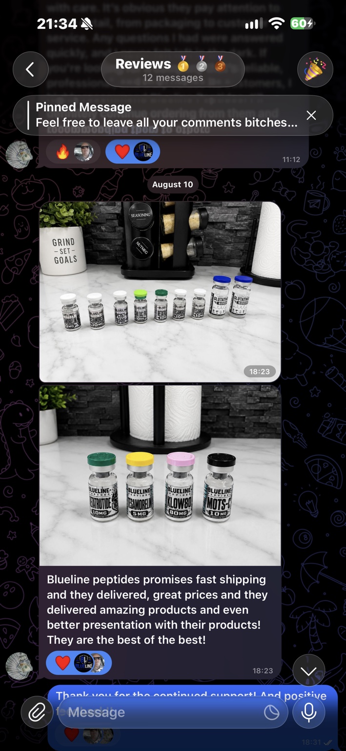 Customer photo of BlueLine product vials on a kitchen counter.